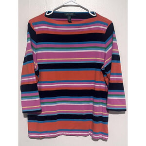 Lauren Ralph Lauren Top Women’s 1X Colorful Striped 3/4 Sleeve Boatneck Shirt